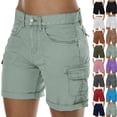 thumbnail image 1 of Cargo Shorts Women Elastic Mid Rise Outdoor Hiking Athletic Button Denim Knee Bermuda Plus Size Casual Lady Clothes W/Pockets Green XL 8" inseam, 1 of 8