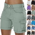thumbnail image 1 of Cargo Shorts Women Elastic Mid Rise Outdoor Hiking Athletic Button Denim Knee Bermuda Plus Size Casual Lady Clothes W/Pockets Green XL 8" inseam, 1 of 7