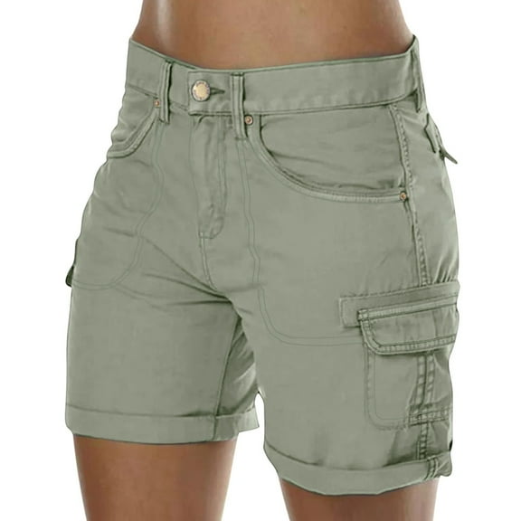 Cargo Shorts Women Elastic Mid Rise Outdoor Hiking Athletic Button Denim Knee Bermuda Plus Size Casual Lady Clothes W/Pockets Green XL 8" inseam
