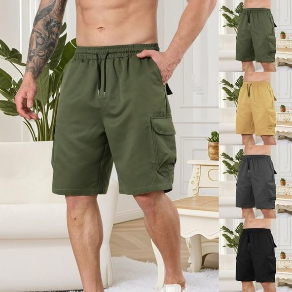 Summer Cargo Shorts for Men Fashion Casual Comfy Solid Pocket Bandage Drawstring Regular Shorts Outdoor Sports Lightweight Shorts Yellow M