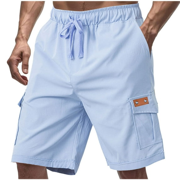 Summer Cargo Shorts for Men Trendy Drawstring Solid Color Elastic Waist Casual Shorts with Multi Pockets