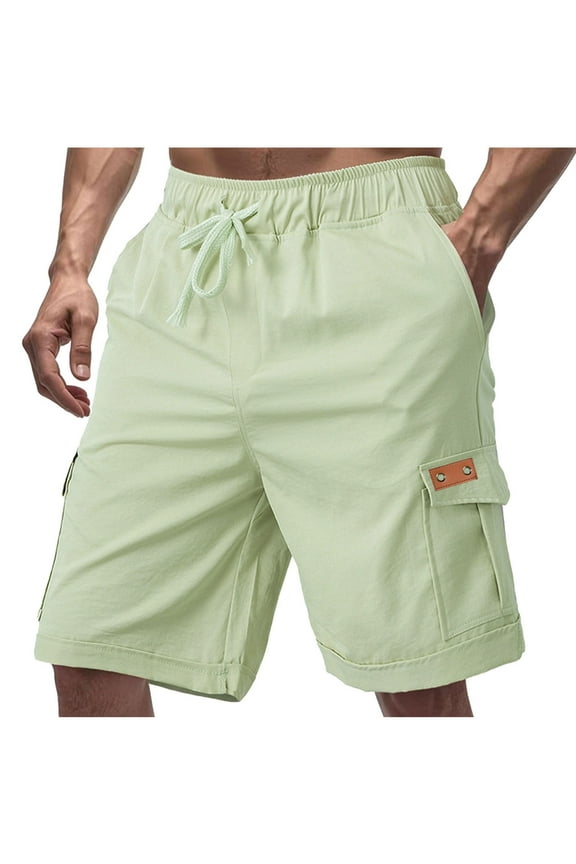 Summer Cargo Shorts for Men Trendy Drawstring Solid Color Elastic Waist Casual Shorts with Multi Pockets