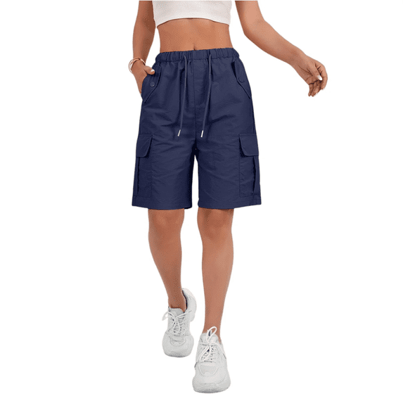 Summer Cargo Shorts for Women Bermuda Quick Dry High Waisted Drawstring Knee Length Plus Size Ladies Hiking Shorts with Pockets