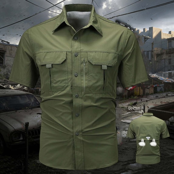 Summer Cargo T Shirts for Men Lapel Collared Button Up Short Sleeve Top Mens Solid Turndown Loose Fits Breathable Outdoor Tactical Shirt