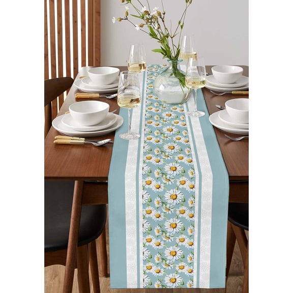 Summer Cartoon Daisy Green Leaves Table Runner 13x90in Non-Slip Cotton Linen Table Runners, Wild Flower on Blue Dresser Scarves TableRunner for Dinner Kitchen Dining Wedding Party