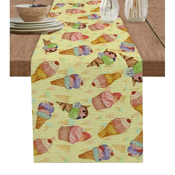 Summer Cartoon Ice Cream Table Runner 48 Inches, Colorful Cake Bed Runner Dresser Scarves Tabletop for Indoor Outdoor Parties/Ceremony/Banquet, 13" x 48"