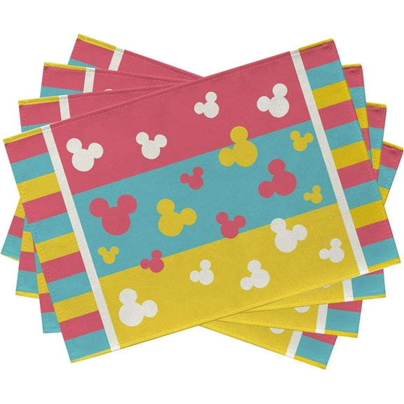 Summer Cartoon Mouse Placemats Set of 4, Pink Teal Yellow Stripes Dining Table Place Mats, Seasonal Kitchen Decor Home Decoration 12 x 18 Inch