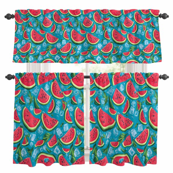 Summer Cartoon Watermelon Kitchen Curtains Set for Windows, Tropical Fruit Ice Cubes Curtains Valance and Tier 3 Piece Set Small Drapes 24 Inch Length for Kitchen Bedroom Decor
