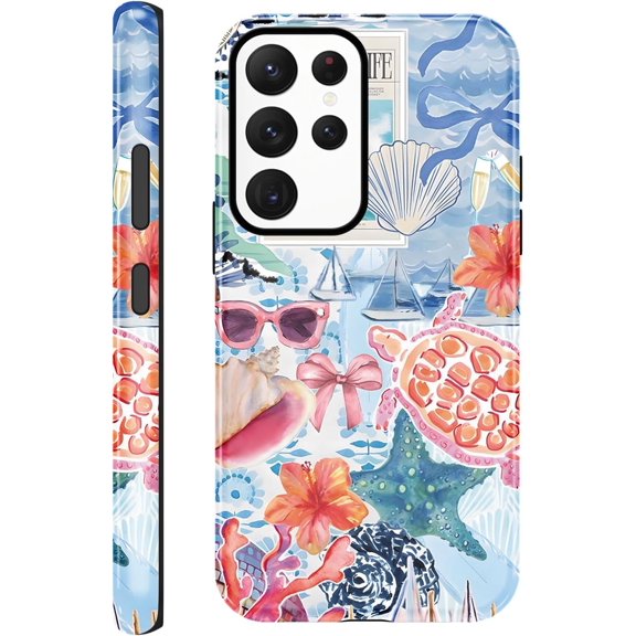 Summer Case for Samsung Galaxy S22 Ultra 5G 6.8'' Beach Turtles Collage | Aesthetic Vacation Sea Shell Art Phone Cases Protective Scratch Resistant Hybrid 2-Layer Hard Cover for Girl Women Men