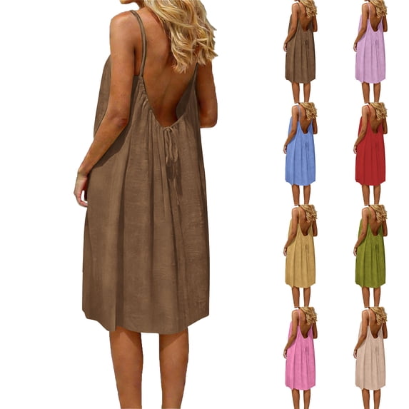 Summer Casual A-Line Flowy Midi Dresses Fashion Women Summer Round-Neck Casual Solid Sleeveless Sleepshirts Sling Backless Dress Coffee L
