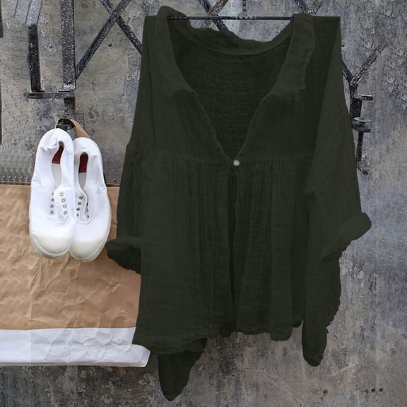 Summer Casual Blouse Casual Solid Color Cotton Linen Shirt, Lapel 3/4 Sleeved, Loose Fit, Daily & Multiple Occasions 1pc, Green M, Size S-3XL