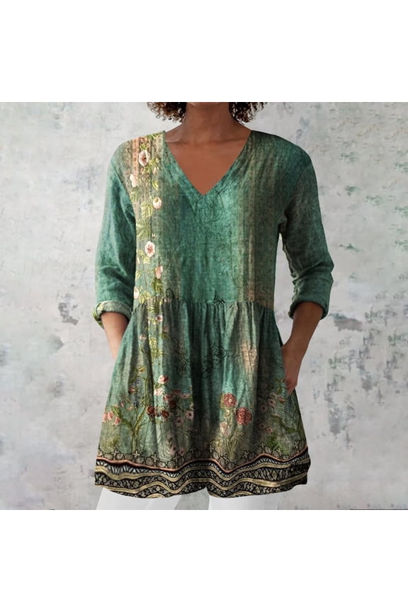 Summer Casual Blouse Casual Summer Printed Shirt, Linen V Neck Group Top, Exquisite Hemp 1pc, Green 2XL, Size S-3XL