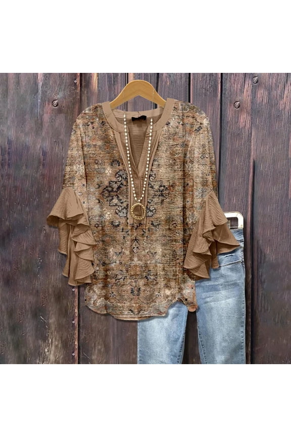 Summer Casual Blouse Floral Half Sleeve Shirt, Summer Printing V Neck, 3/4 Sleeves Loose Casual Top, Daily Wear, Bubble Wrinkles 1PC, Brown 3XL, Size S-3XL