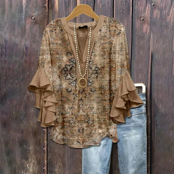 Summer Casual Blouse Floral Half Sleeve Shirt, Summer Printing V Neck, 3/4 Sleeves Loose Casual Top, Daily Wear, Bubble Wrinkles 1PC, Brown L, Size S-3XL