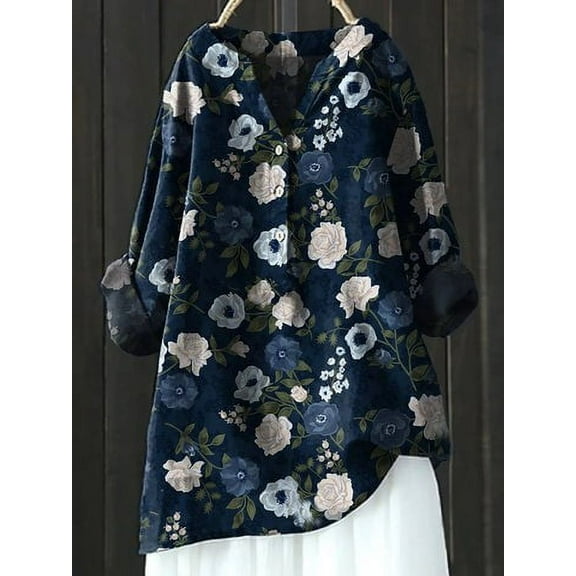 Summer Casual Blouse Linen T-Shirt, Flower Printed Loose Fit Lapel Neck Button Long Sleeve Casual Polyester Top 1pc , Blue 5XL, Size S-5XL