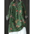 thumbnail image 1 of Summer Casual Blouse Linen T-Shirt, Flower Printed Loose Fit Lapel Neck Button Long Sleeve Casual Polyester Top 1pc , Green XL, Size S-5XL, 1 of 6