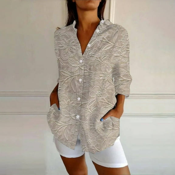 Summer Casual Blouse Long Sleeve Boho V Neck Top, Vintage Floral Graphic Shirt, Polyester Spandex 1pc, White 2XL, Size S-2XL