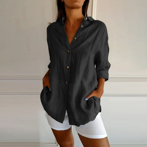 Summer Casual Blouse Single Breasted Pleated Lapel Shirt, Solid Color European And American Cotton Linen Top 1pc , Black 3XL, Size S-5XL