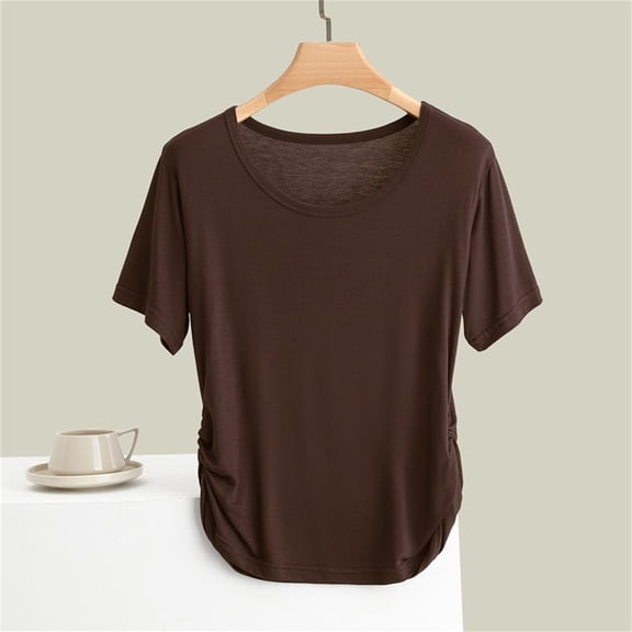 Summer Casual Blouse Summer Short Sleeved T-Shirt, Slimming Design Irregular Pleats, Waist Cinching, Polyester Spandex 1pc, Brown XL, Size M-2XL