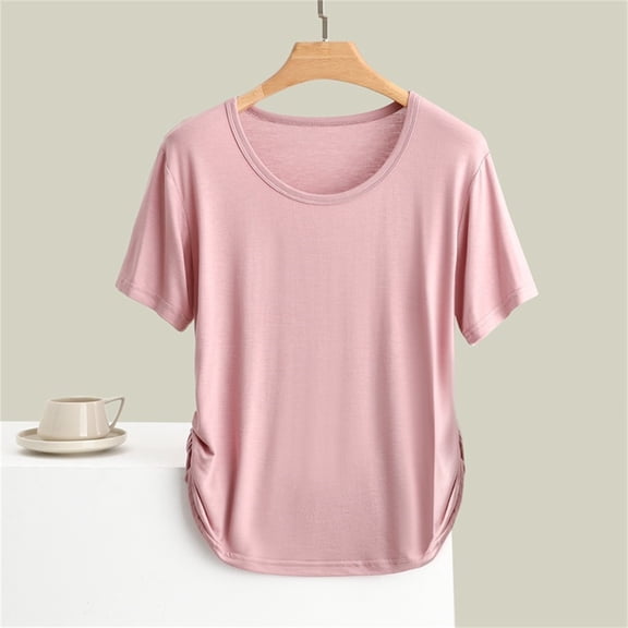 Summer Casual Blouse Summer Short Sleeved T-Shirt, Slimming Design Irregular Pleats, Waist Cinching, Polyester Spandex 1pc, Pink XL, Size M-2XL
