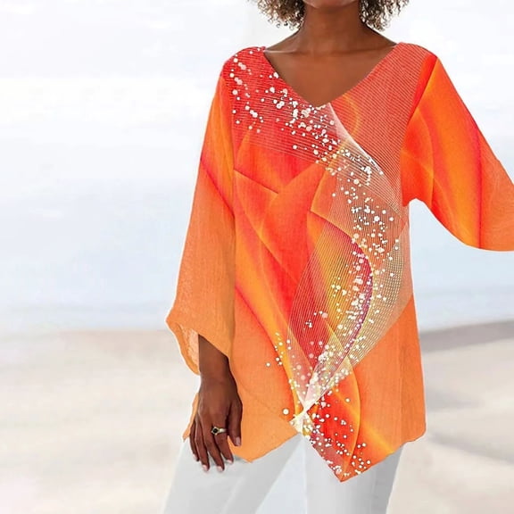 Summer Casual Blouse Summer Tunic V Neck Blouse, Casual Short Sleeve Soft Digital Print Linen Top, Orange L, Size S-3XL