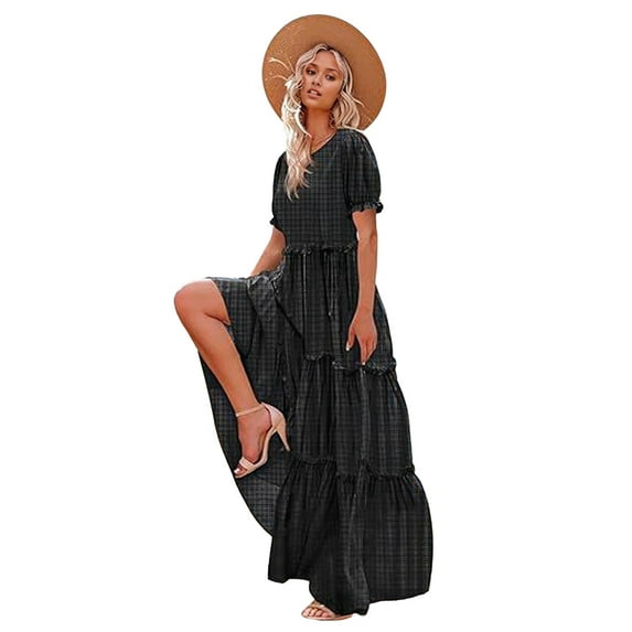 Summer Casual Bohemian Floral Dresses for Women Puff Short Sleeve Long Maxi Dress with Pockets Black S