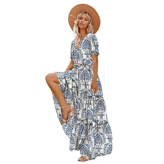 Summer Casual Bohemian Floral Dresses for Women Puff Short Sleeve Long Maxi Dress with Pockets Blue L
