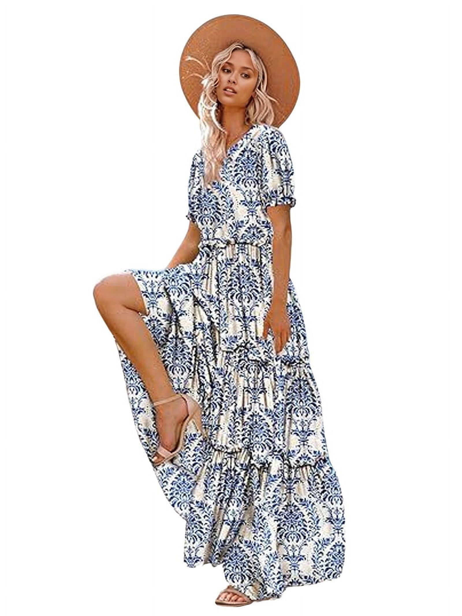 Summer Casual Bohemian Floral Dresses for Women Puff Short Sleeve Long Maxi Dress with Pockets Blue XL