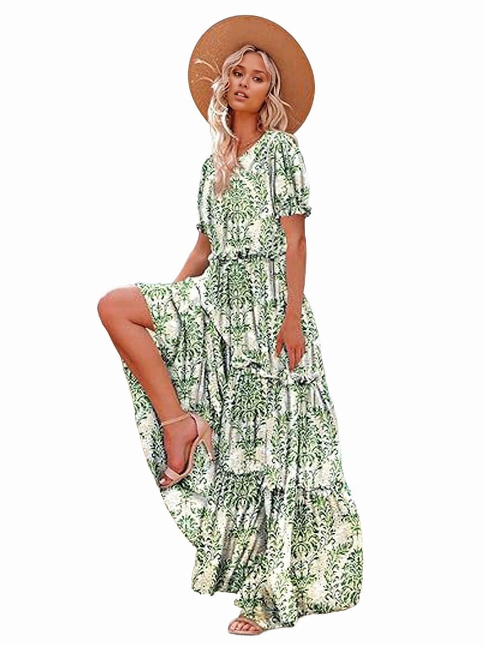 Summer Casual Bohemian Floral Dresses for Women Puff Short Sleeve Long Maxi Dress with Pockets Green L