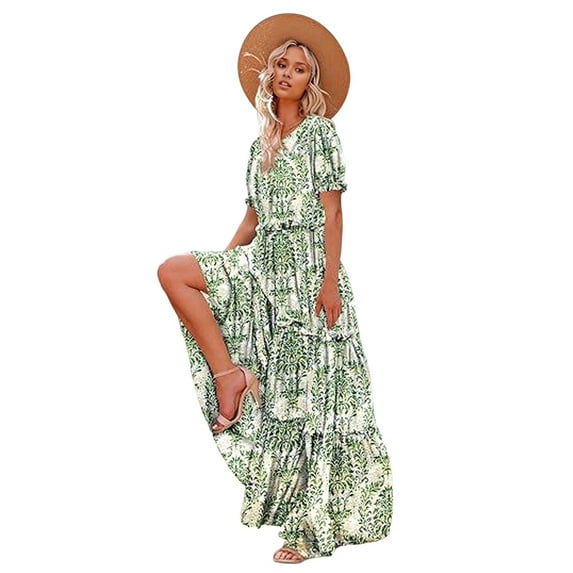 Summer Casual Bohemian Floral Dresses for Women Puff Short Sleeve Long Maxi Dress with Pockets Green XXL
