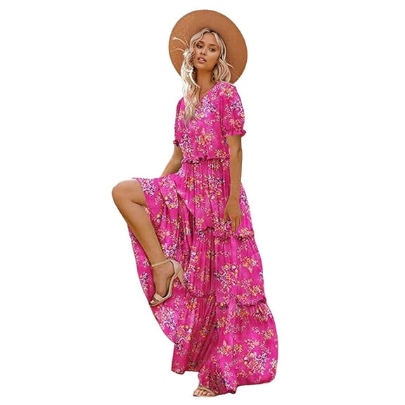 Summer Casual Bohemian Floral Dresses for Women Puff Short Sleeve Long Maxi Dress with Pockets Red L