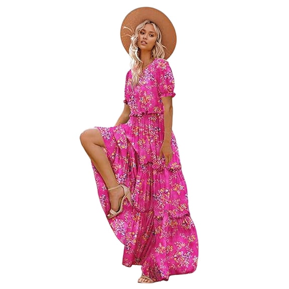 Summer Casual Bohemian Floral Dresses for Women Puff Short Sleeve Long Maxi Dress with Pockets Red M