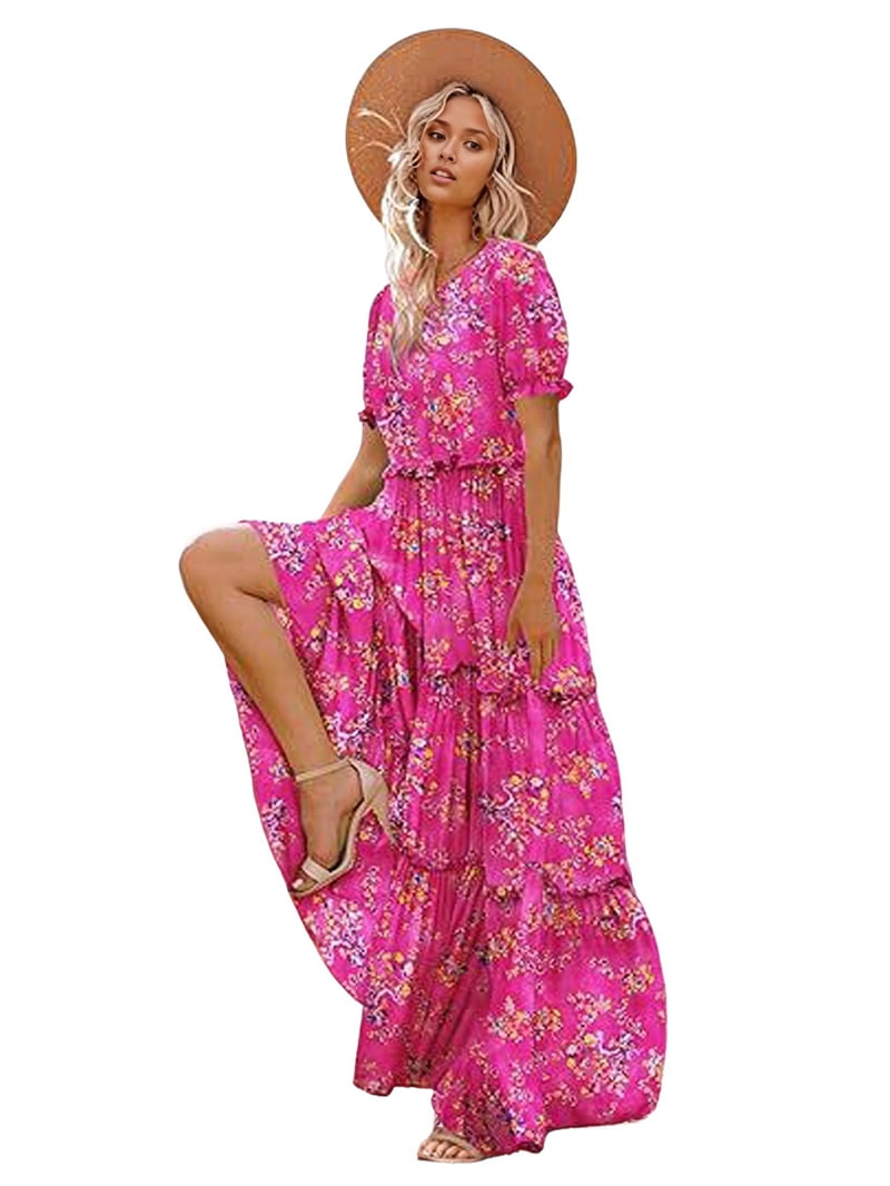 Summer Casual Bohemian Floral Dresses for Women Puff Short Sleeve Long Maxi Dress with Pockets Red S