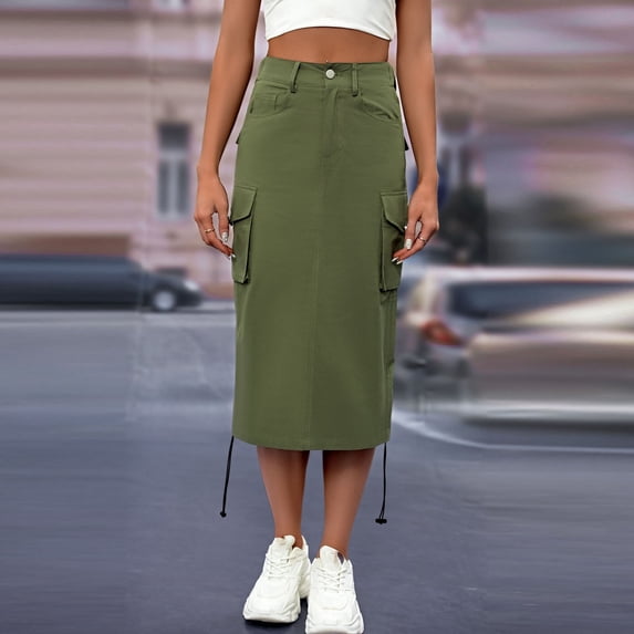 Summer Casual Breathable Skirts for Women Fashion Women Solid Casual Pocket Ruched Ruffles Elastic Waist Skirts Women's Large Size Daily Garment