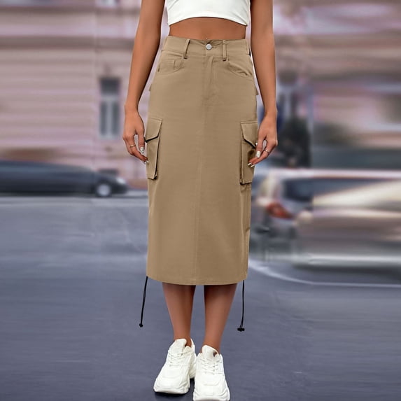 Summer Casual Breathable Skirts for Women Fashion Women Solid Casual Pocket Ruched Ruffles Elastic Waist Skirts Women's Large Size Daily Garment