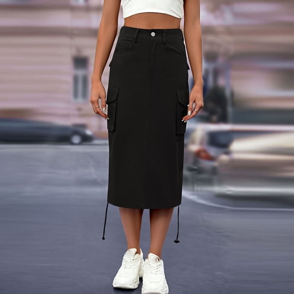 Summer Casual Breathable Skirts for Women Fashion Women Solid Casual Pocket Ruched Ruffles Elastic Waist Skirts Women's Large Size Daily Garment