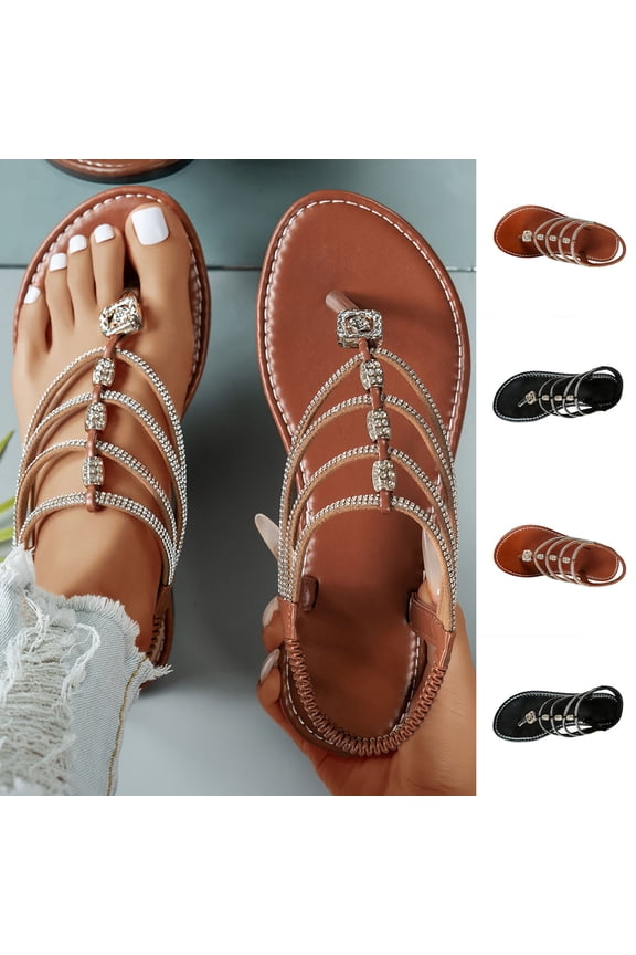 Summer Casual Closed Sandals Women Women's Fashionable Casual Outer Wear Round-Toe Open-Toe Roman-Style Rhinestone Beach Flat Bohemian Sandals Black 37