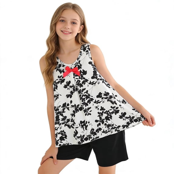Summer Casual Clothes Girls Loungewear Flowy Pleated Tank Tops Shorts 2 Piece Cute Clothing Sets for Kids Black, 5 Years