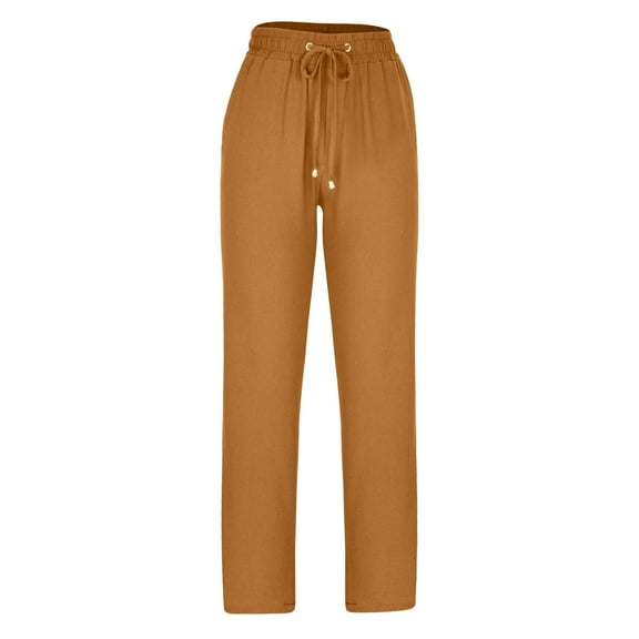Summer Casual Cotton Linen Pants for Women Solid Color Drawstring Elastic High Waisted Comfy Loose Trousers with Pockets