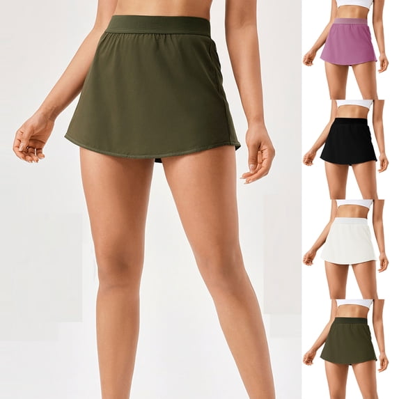 Summer Casual Dress Women's Solid Color Sports Skirt Fake Two-piece Drying Breathable Fitness Running Tennis Pocket Lined Yoga Skirt Pants Army Green XXL