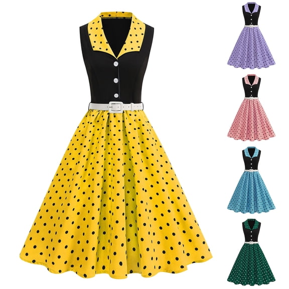 Summer Casual Dress for Women 2026 Sleeveless Polka Dress with Doll Collar for A Stylish Look Wedding Guest Dress Beach Dress Blue 2XL