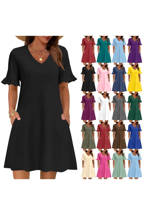 Summer Casual Dresses for Women A Line Sun Dress Ruffle Short Sleeve V Neck Tshirt Dress with Pockets Black M