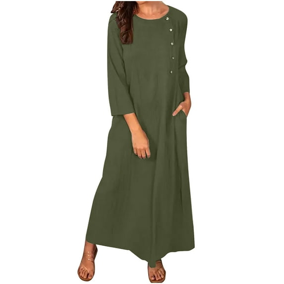 Summer Casual Dresses for Women Cotton Linen Tall Dress 3/4 Sleeve Loose ted Lightweight Long Dress with Pockets
