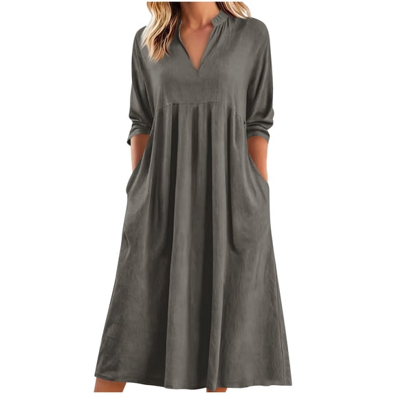 Summer Casual Dresses for Womens 2026 Plus Size Fashion V-neck Cotton and Linen Solid Color Loose Pocket Quarter Sleeve Long Dress