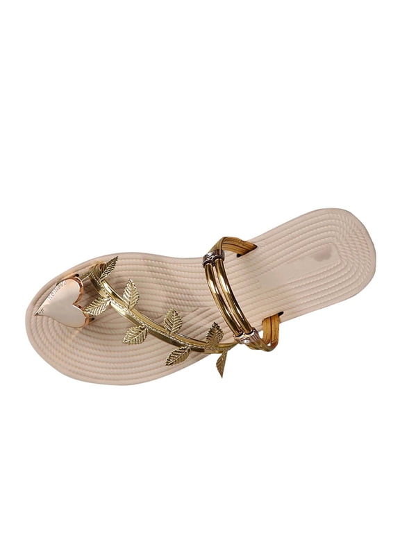 Summer Casual Flat Sandals Cute Slides Rhinestone & Leaf Decor Toe Ring Clip Toe Thong Flip Flops Lightweight Comfy Beach Shoes Slipper Gold Women Sandal