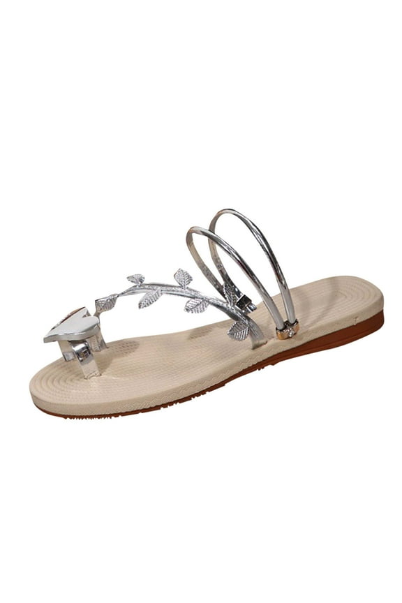 Summer Casual Flat Sandals Cute Slides Rhinestone & Leaf Decor Toe Ring Clip Toe Thong Flip Flops Lightweight Comfy Beach Shoes Slipper Silver Women Sandal