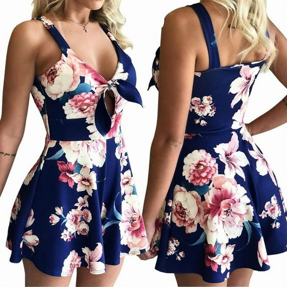 Summer Casual Floral Bowknot Print Short V-neck Loose Women Jumpsuit Rompers Beach Dress