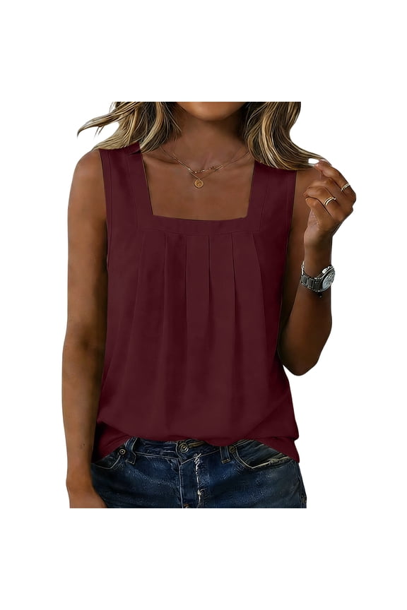 Summer Casual Floral Print Square Neck Sleeveless Blouse for Women - Pleated Top Wine 2XL