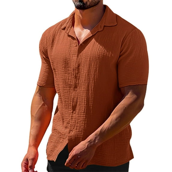 Summer Casual Lapel Solid Color Short Sleeved Button Men'S Linen Shirt Men'S Clothing