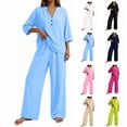 thumbnail image 1 of Summer Casual Linen Matching Set V-Neck Button Top and Wide Leg Pants Loose Casual Outfit for Summer Home Beach and Daily Commute, 1 of 8